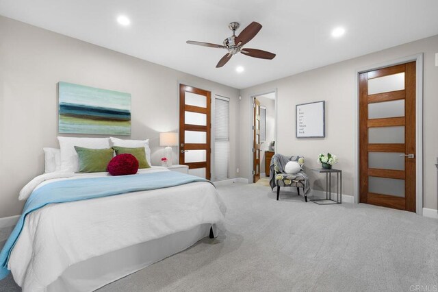 bedroom featuring baseboards, ceiling fan, recessed lighting, and carpet floors