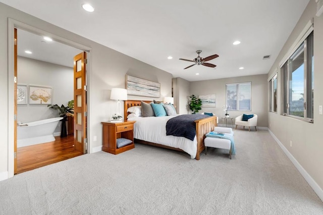 carpeted bedroom featuring recessed lighting, baseboards, and ceiling fan