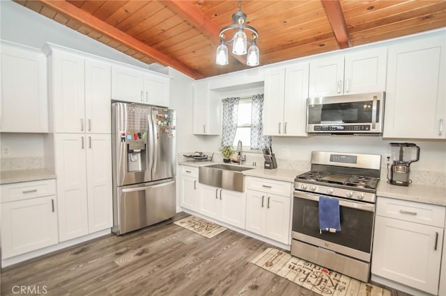 kitchen featuring wooden ceiling, stainless steel appliances, wood finished floors, a sink, and white cabinets