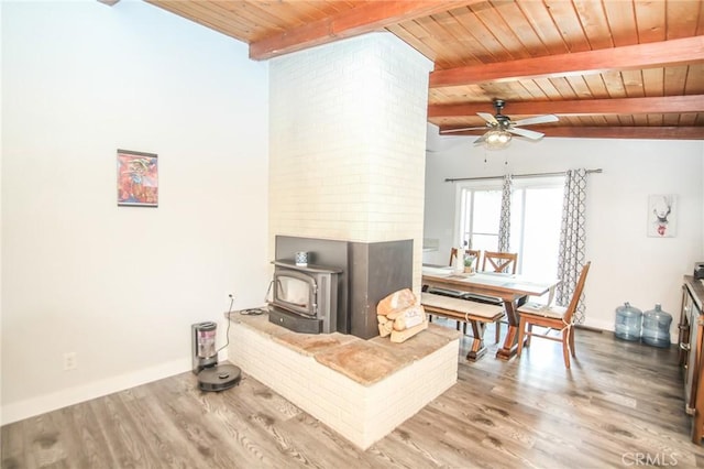 interior space featuring vaulted ceiling with beams, wood ceiling, wood finished floors, and a wood stove