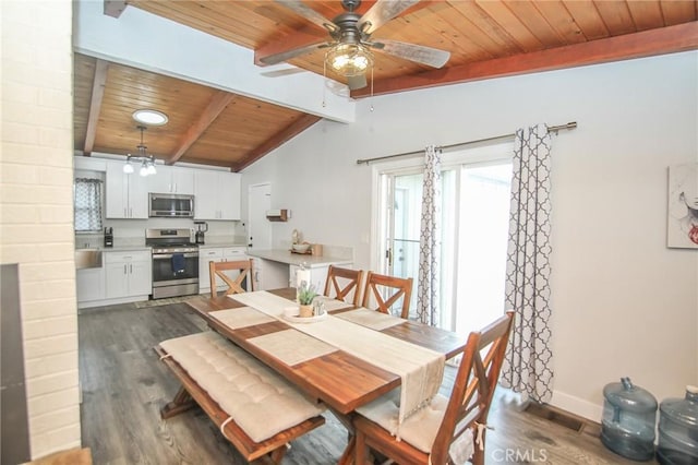 dining area with wooden ceiling, dark wood finished floors, lofted ceiling with beams, and baseboards