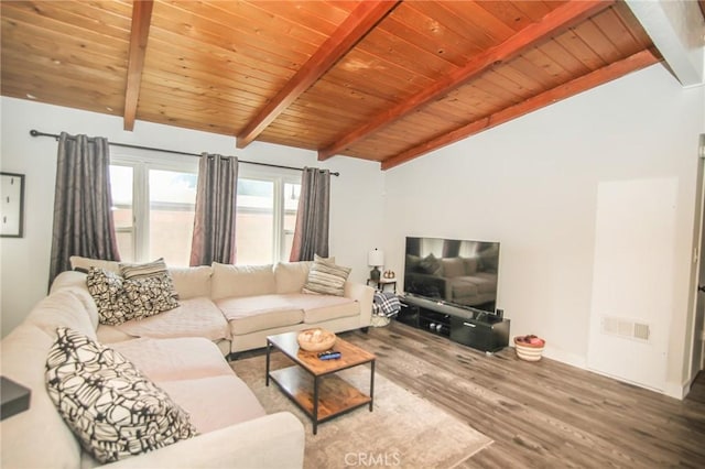 living area with wood ceiling, visible vents, vaulted ceiling with beams, and wood finished floors