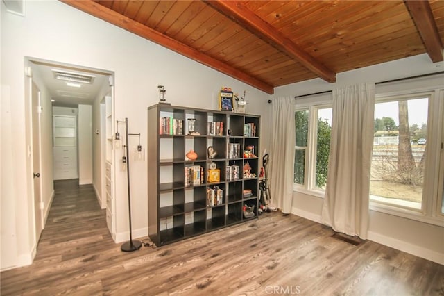 unfurnished room with lofted ceiling with beams, visible vents, wood finished floors, and wood ceiling