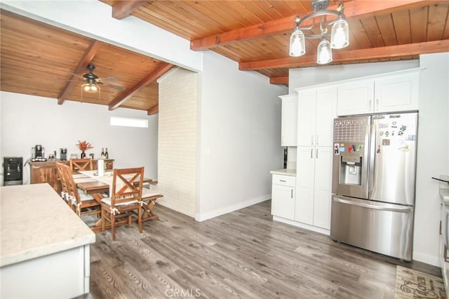 kitchen featuring white cabinets, wood ceiling, stainless steel refrigerator with ice dispenser, and wood finished floors