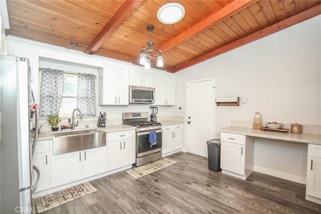 kitchen featuring stainless steel appliances, dark wood-style flooring, a sink, white cabinets, and light countertops