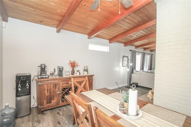 bar with beam ceiling, a ceiling fan, wood finished floors, wooden ceiling, and baseboards