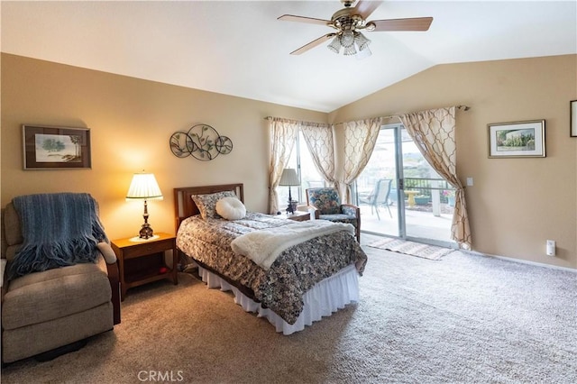 carpeted bedroom featuring access to exterior, vaulted ceiling, and ceiling fan