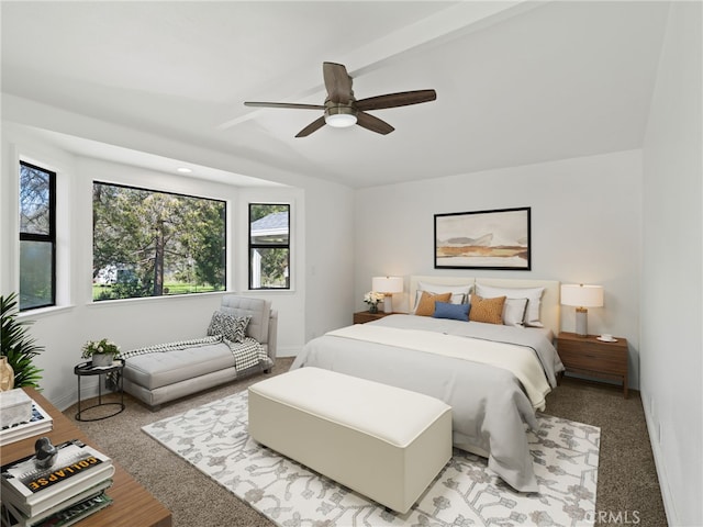 bedroom featuring lofted ceiling, ceiling fan, baseboards, and light colored carpet