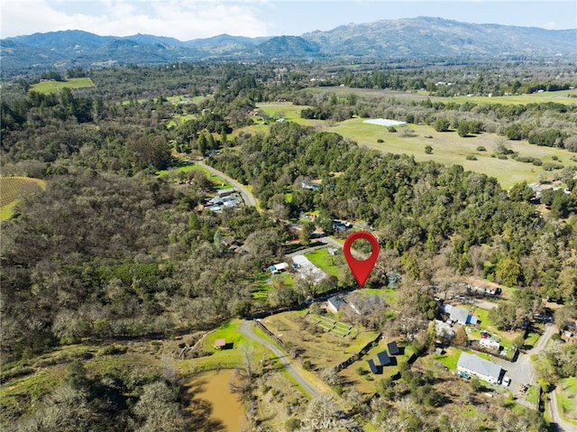 bird's eye view featuring a mountain view and a view of trees