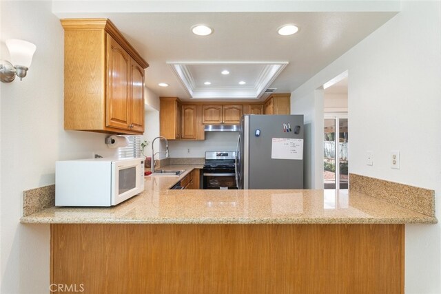 kitchen featuring a peninsula, a tray ceiling, stainless steel appliances, a sink, and recessed lighting