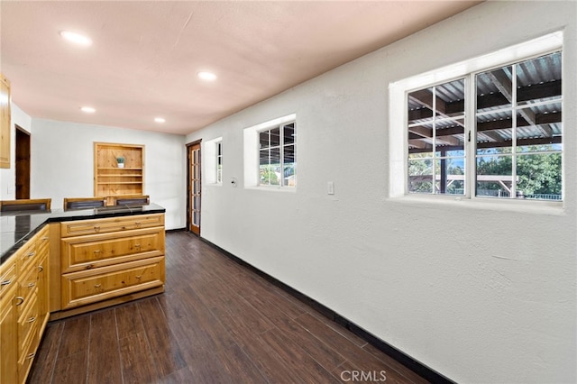 kitchen with plenty of natural light, dark wood-style flooring, dark countertops, and recessed lighting