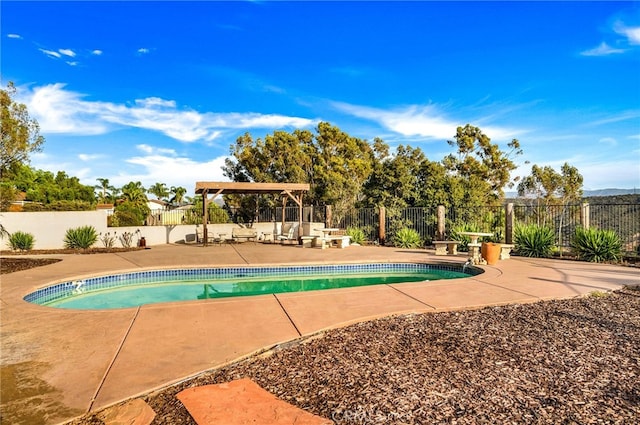 view of swimming pool featuring a patio area, fence, and a fenced in pool