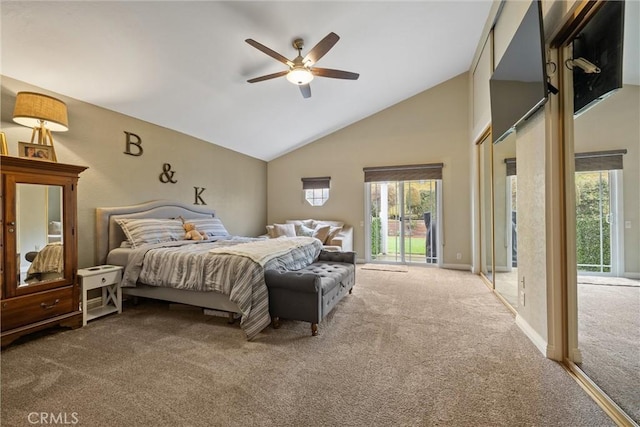 carpeted bedroom featuring ceiling fan, high vaulted ceiling, and access to outside