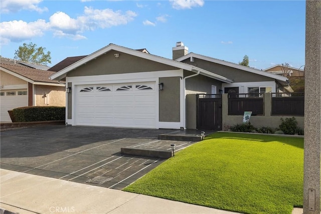 ranch-style home featuring a garage, a front lawn, concrete driveway, and stucco siding