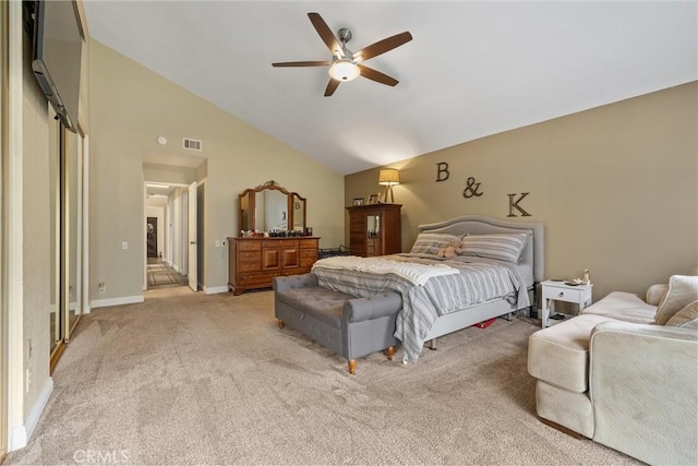 bedroom with visible vents, light carpet, ceiling fan, high vaulted ceiling, and baseboards