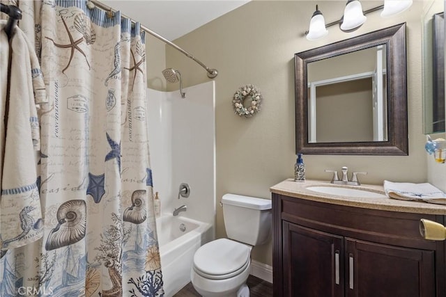 full bathroom featuring shower / bath combination with curtain, vanity, and toilet