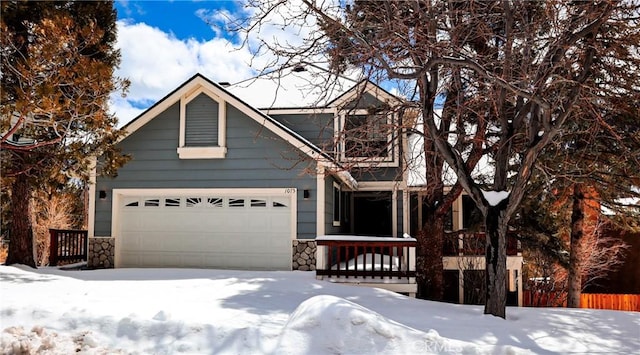1075 Rivera Dr, Wrightwood, CA 92397 - rustic home with a porch, stone siding, and an attached garage