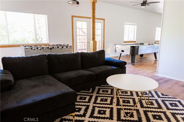 1075 Rivera Dr, Wrightwood, CA 92397 - living area with ceiling fan, baseboards, and wood finished floors