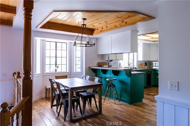 1075 Rivera Dr, Wrightwood, CA 92397 - dining room featuring a chandelier, wood ceiling, a raised ceiling, and dark wood-style flooring