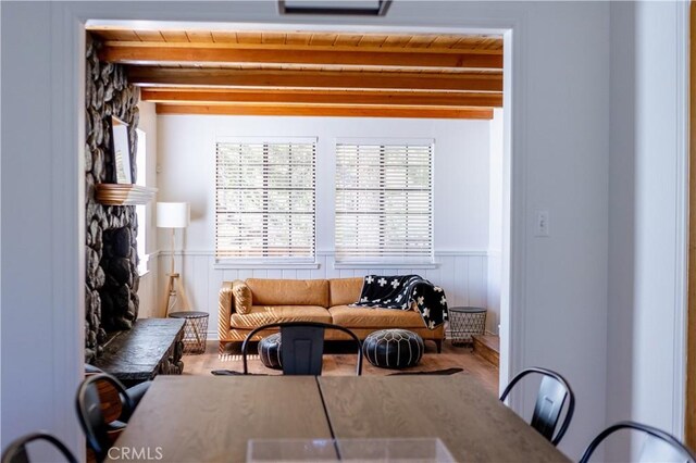 1075 Rivera Dr, Wrightwood, CA 92397 - living area with wainscoting and beam ceiling