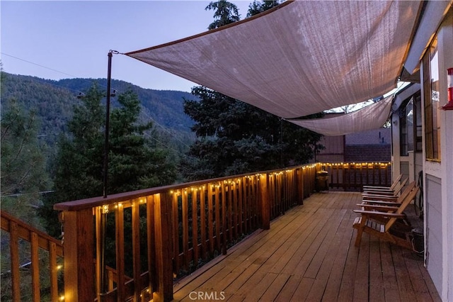 1075 Rivera Dr, Wrightwood, CA 92397 - wooden terrace featuring a mountain view and a view of trees