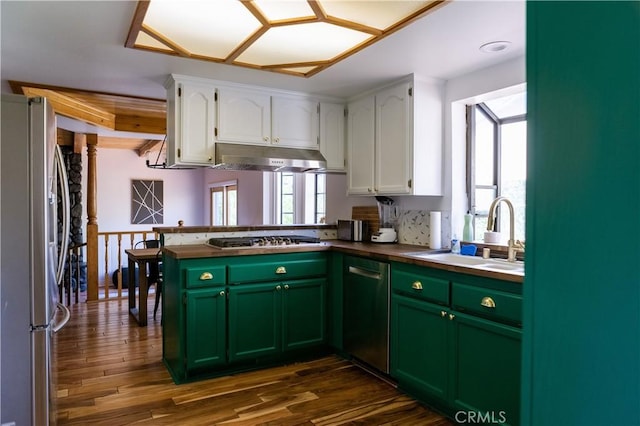 1075 Rivera Dr, Wrightwood, CA 92397 - kitchen featuring under cabinet range hood, stainless steel appliances, a sink, white cabinets, and green cabinets