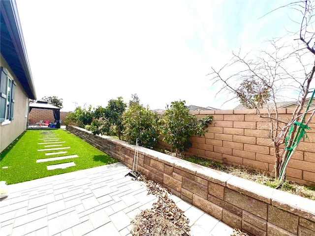 view of yard with a fenced backyard and a patio