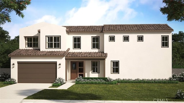 view of front of home featuring concrete driveway, a front yard, a tile roof, and stucco siding