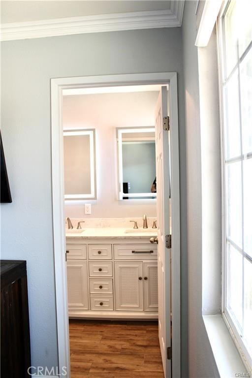 full bath with double vanity, wood finished floors, a sink, and crown molding