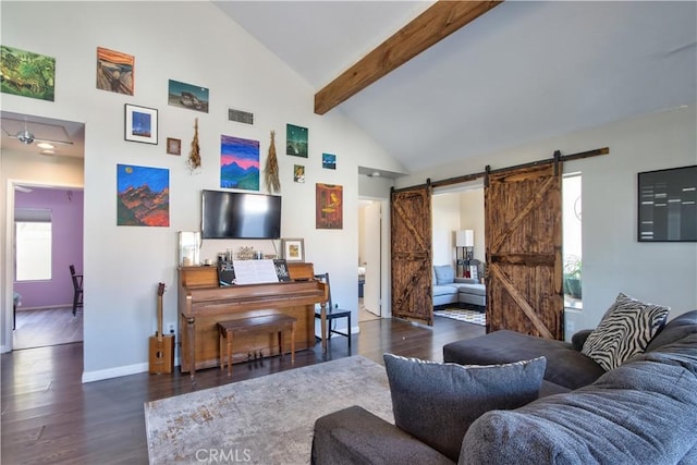 living room featuring visible vents, beamed ceiling, high vaulted ceiling, dark wood finished floors, and a barn door