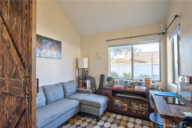 living area featuring lofted ceiling