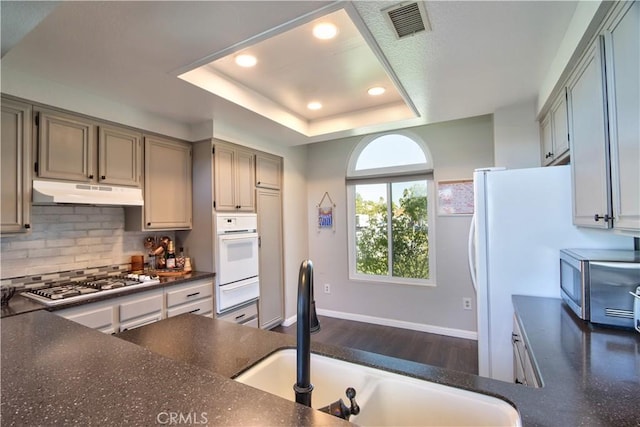 kitchen with under cabinet range hood, a tray ceiling, a sink, dark countertops, and stainless steel appliances