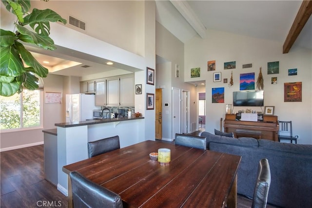 dining area with visible vents, beamed ceiling, high vaulted ceiling, dark wood-style floors, and baseboards