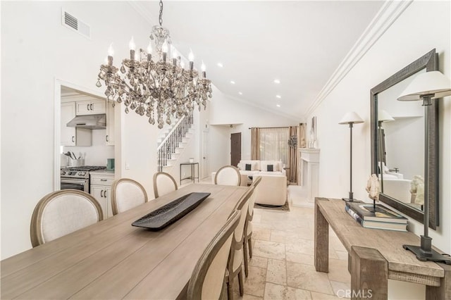 dining room featuring stone tile floors, recessed lighting, visible vents, stairway, and ornamental molding