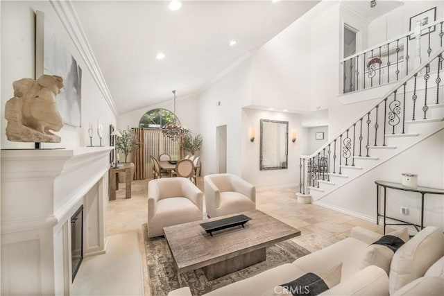 living room featuring high vaulted ceiling, ornamental molding, stairway, and baseboards