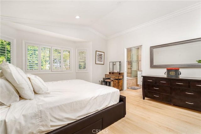 bedroom with ensuite bath, light wood-style flooring, ornamental molding, vaulted ceiling, and recessed lighting