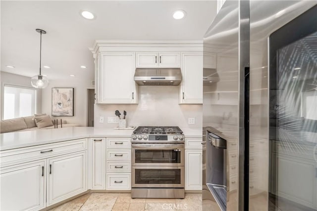 kitchen featuring stainless steel appliances, recessed lighting, light countertops, and under cabinet range hood