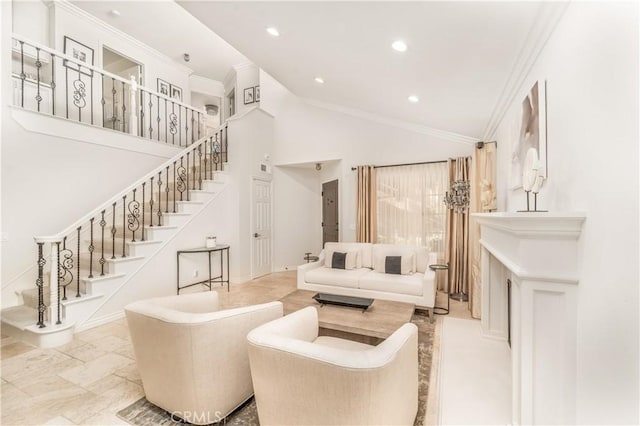 living area featuring ornamental molding, recessed lighting, high vaulted ceiling, and stairway