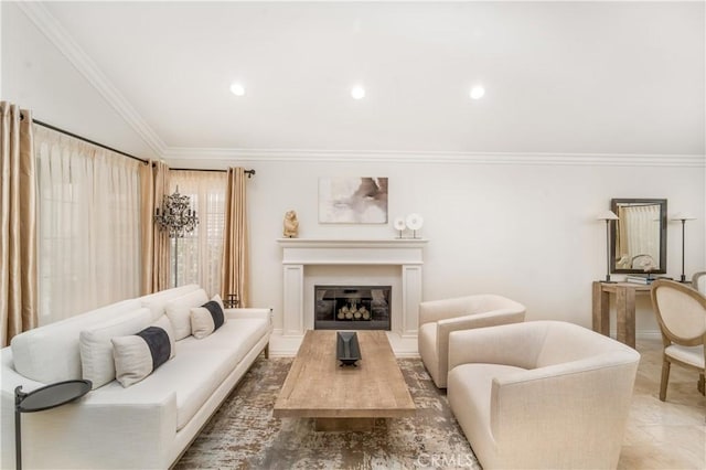 living room with a glass covered fireplace, vaulted ceiling, crown molding, and recessed lighting