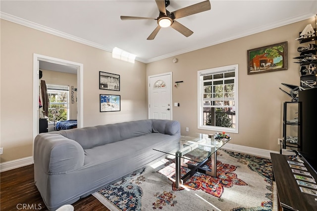 living room with dark wood-type flooring, crown molding, baseboards, and ceiling fan