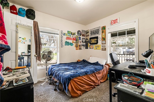 carpeted bedroom featuring multiple windows