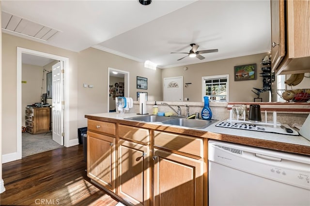 kitchen with dark wood finished floors, dishwasher, ceiling fan, crown molding, and a sink