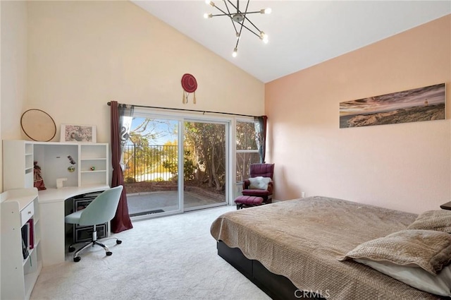 bedroom featuring access to outside, an inviting chandelier, high vaulted ceiling, and light colored carpet