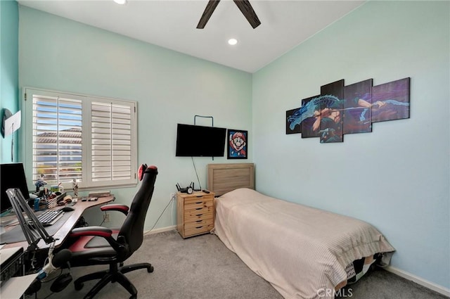 carpeted bedroom with a ceiling fan, recessed lighting, and baseboards