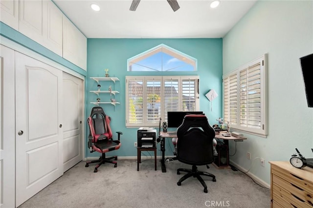 office featuring light carpet, recessed lighting, a ceiling fan, and baseboards