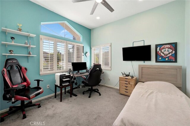 bedroom featuring recessed lighting, carpet flooring, ceiling fan, and baseboards