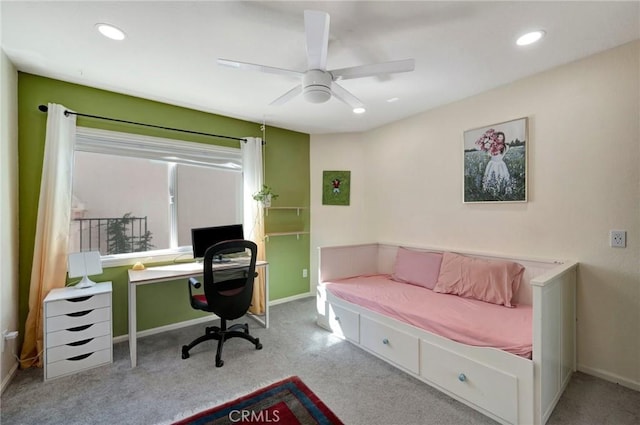 carpeted office with recessed lighting, ceiling fan, and baseboards