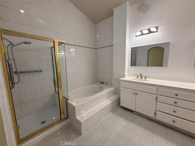 1268 Via, San Jacinto, San Marcos, CA 92078 - bathroom featuring vanity, a bath, a stall shower, tile patterned floors, and lofted ceiling