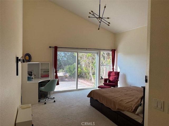 1268 Via, San Jacinto, San Marcos, CA 92078 - bedroom featuring carpet flooring, access to outside, a chandelier, an office area, and high vaulted ceiling