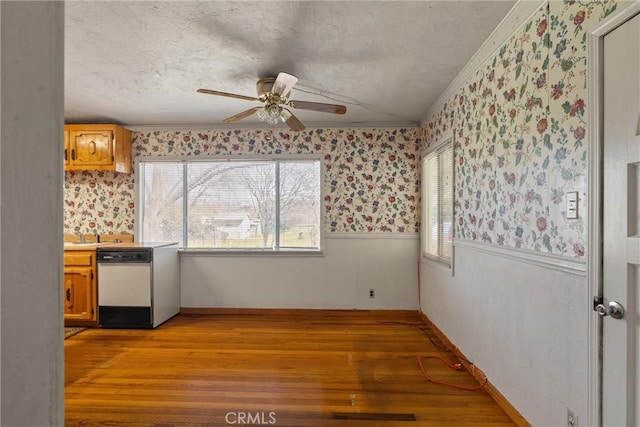 unfurnished dining area with a wealth of natural light, a wainscoted wall, and light wood finished floors